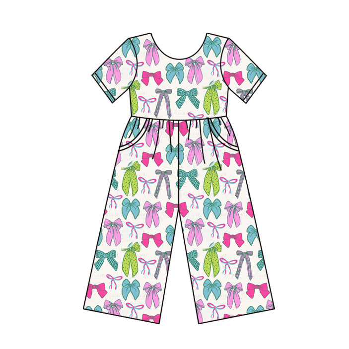 presale SR3143  Baby Girls Short Sleeves Colorful Bows Pockets Pant Jumpsuits D 6.2