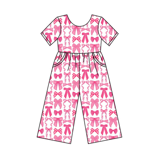 presale SR3144 Baby Girls Short Sleeves Pink Bows Plaid Pockets Pant Jumpsuits  D 6.2