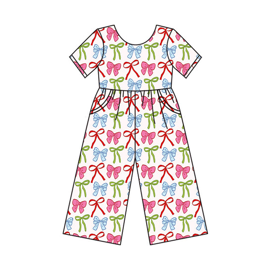 presale SR3145 Baby Girls Short Sleeves Pink Blue Green Bows Plaid Pockets Pant Jumpsuits D 6.2
