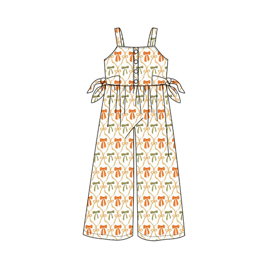 presale SR3147  Baby Girls Straps Orange Bows Plaid Button Pant Jumpsuits D 6.2