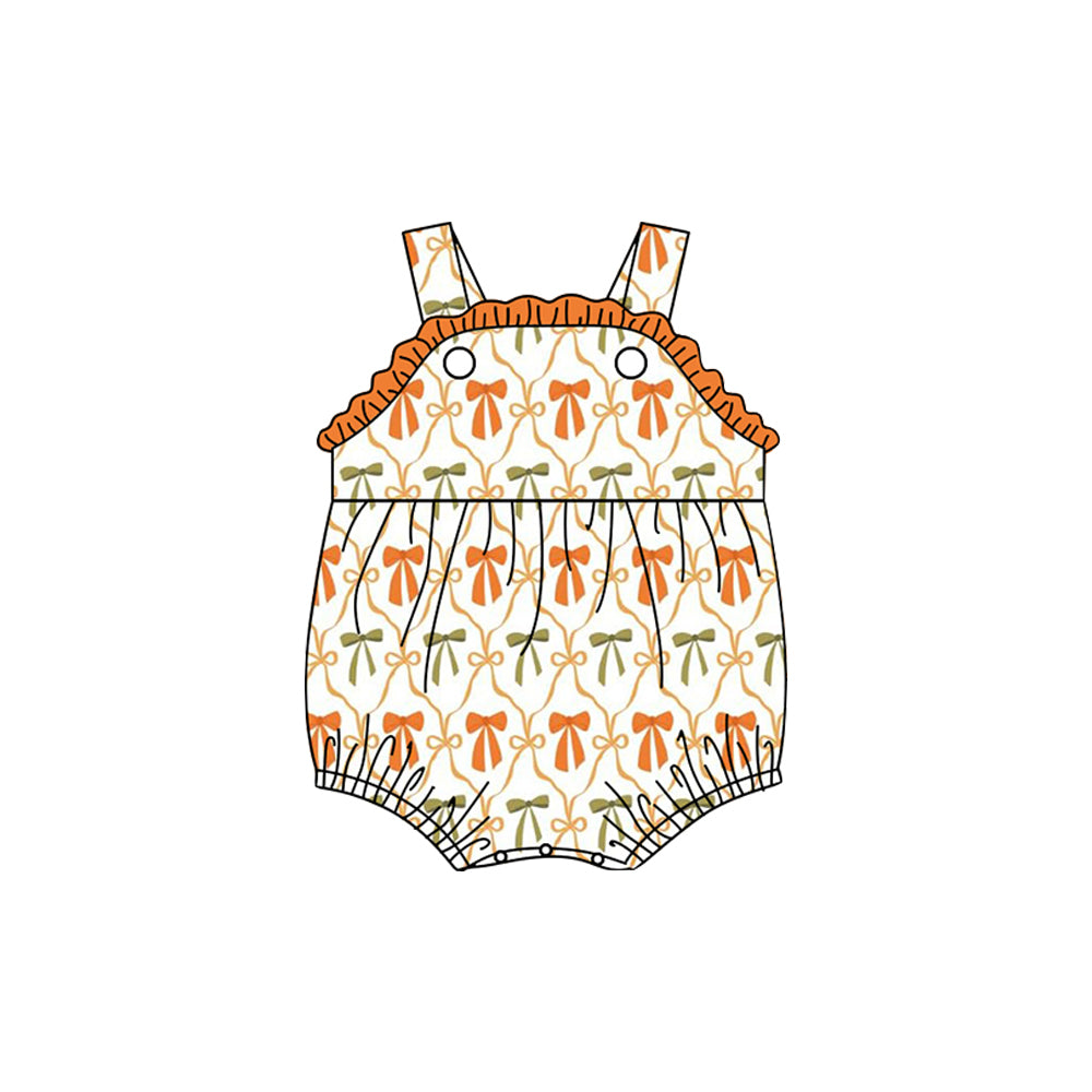 SR3148  Baby Girls Strap Orange Bows Plaid Ruffle Rompers D 6.2