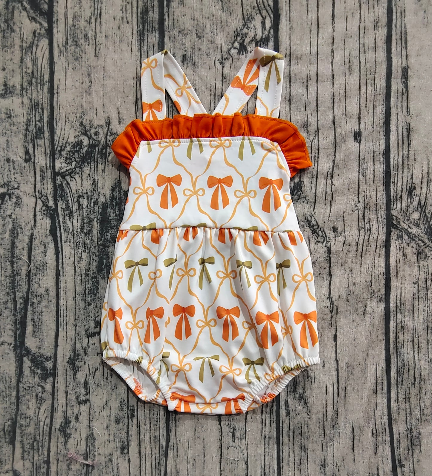 SR3148  Baby Girls Strap Orange Bows Plaid Ruffle Rompers D 6.2
