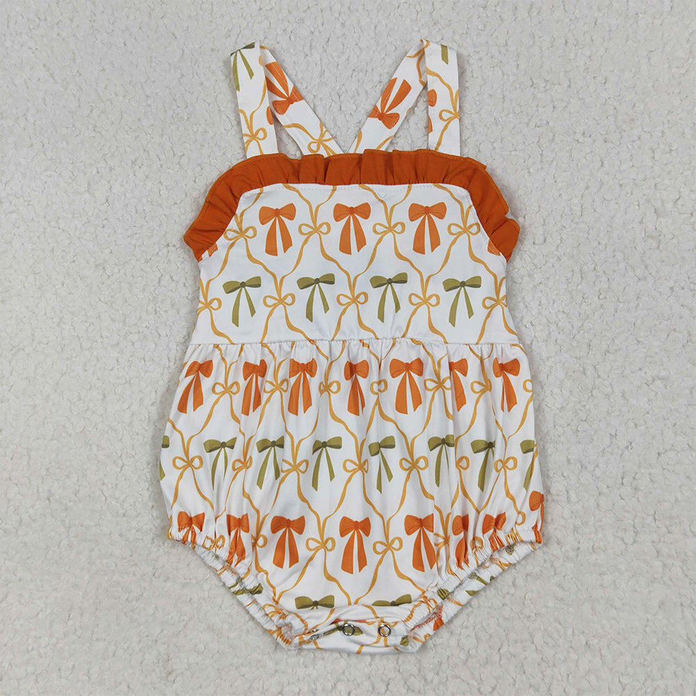 SR3148  Baby Girls Strap Orange Bows Plaid Ruffle Rompers D 6.2