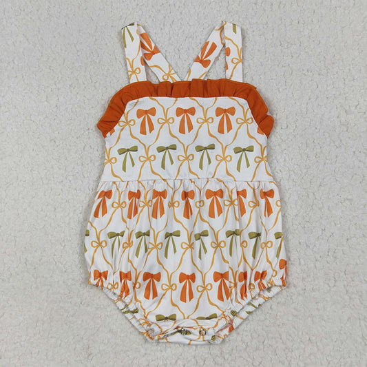 SR3148 Baby Girls Strap Orange Bows Plaid Ruffle Rompers D 6.2