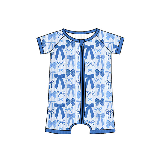 presale SR3153 Baby Girls Short Sleeves Blue Bows Plaid Zipper Rompers   D 6.4