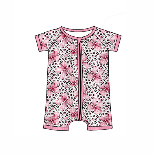 presale SR3154  Baby Girls Short Sleeves Pink Leopard Bows Zipper Rompers  D 6.4