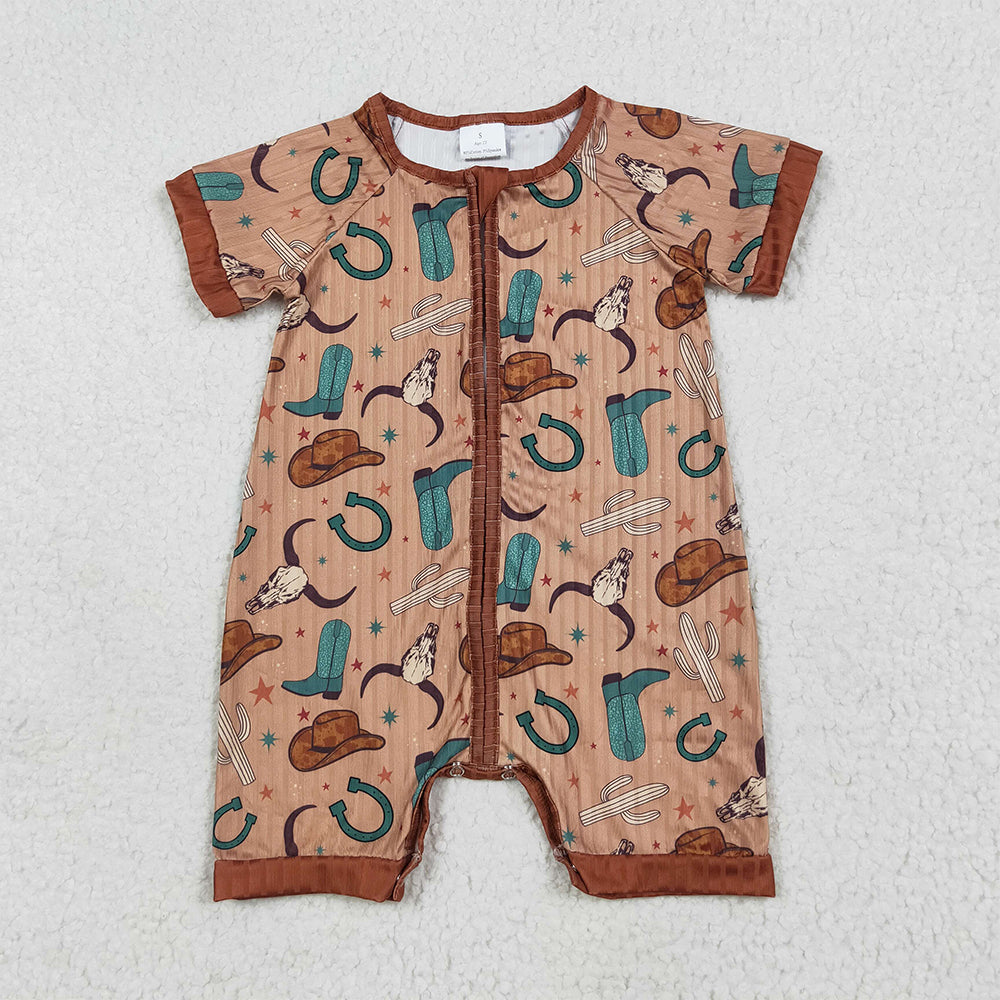 SR3155 Baby Girls Short Sleeves Brown Boots Hats Western Bull Zipper Rompers  D 6.4