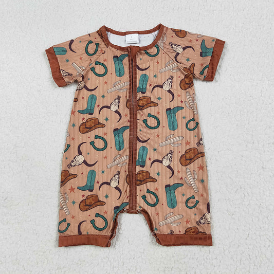 SR3155 Baby Girls Short Sleeves Brown Boots Hats Western Bull Zipper Rompers D 6.4