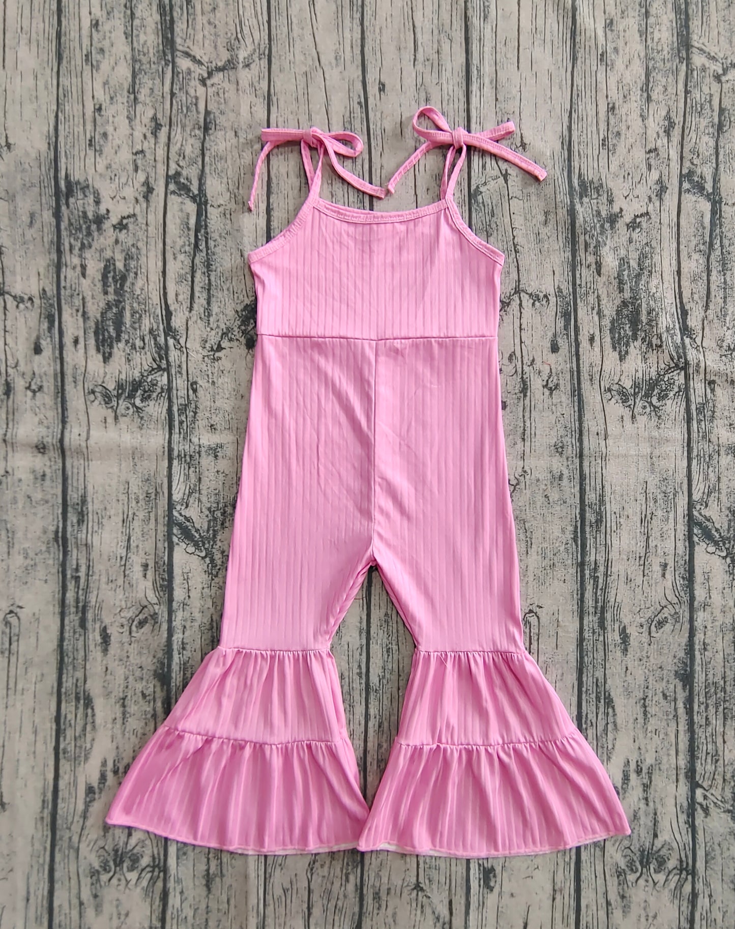 SR3156 Baby Girls Pink Strap Bell Bottom Ribbed Jumpsuits  D 6.4