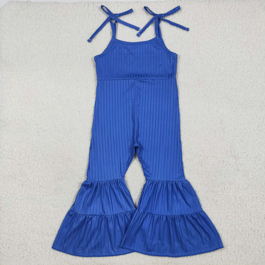 SR3158  Baby Girls Hot Blue Strap Bell Bottom Ribbed Jumpsuits D 7.14