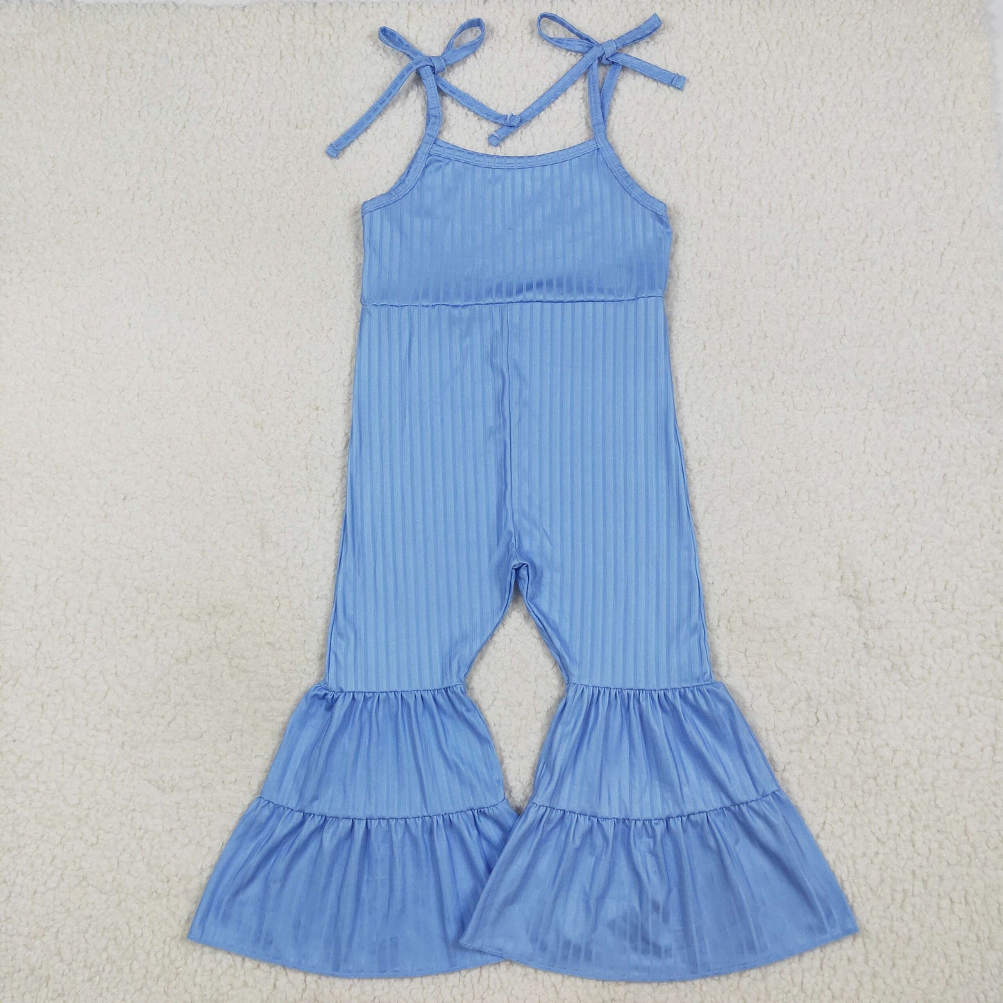 SR3159 Baby Girls Blue Strap Bell Bottom Ribbed Jumpsuits  D 7.14