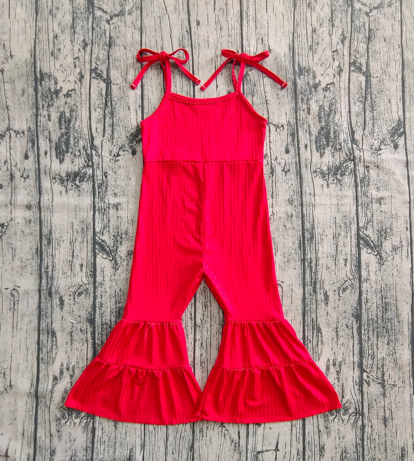 SR3163  Baby Girls Red Strap Bell Bottom Ribbed Jumpsuits D 7.12