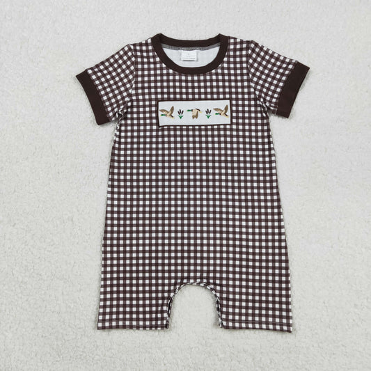 SR3164 Baby Boys Brown Plaid Short Sleeves Ducks Short Rompers D 904
