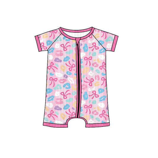presale SR3165 Baby Girls Pink Short Sleeves Leopard Bows Plaid Ribbed Zipper Rompers D 6.9
