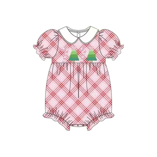presale SR3167 Baby Girls Pink Plaid Short Ruffle Sleeves Tree Candy Cane Rompers D 6.11