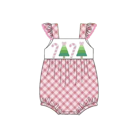 presale SR3168 Baby Girls Pink Plaid Flutter Sleeves Tree Candy Cane Ruffle Rompers D 6.11