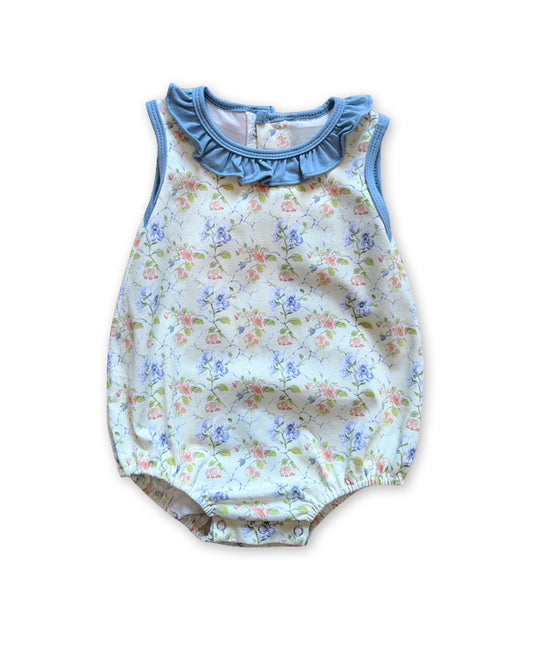 presale SR3169 Baby Girls Blue Sleeveless Floral Plaid Ruffle Rompers D 6.12