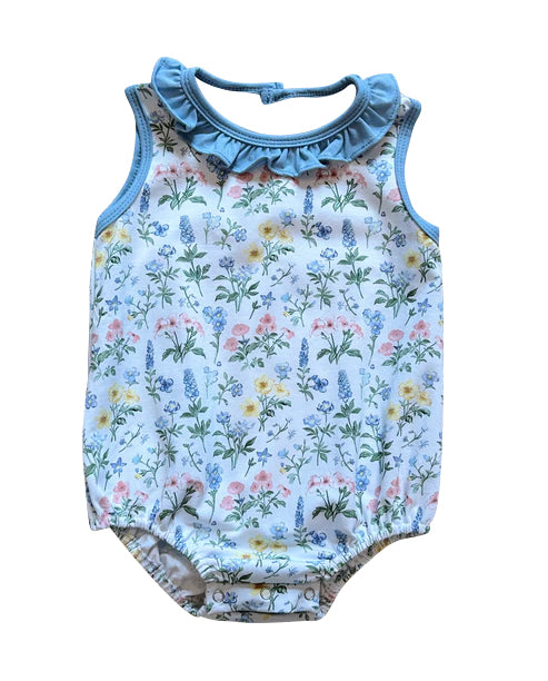 presale SR3170  Baby Girls Sky Blue Sleeveless Floral Plaid Ruffle Rompers D 6.12