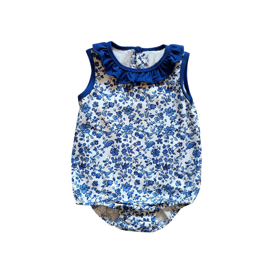 presale SR3171 Baby Girls Navy Blue Sleeveless Floral Plaid Ruffle Rompers D 6.12