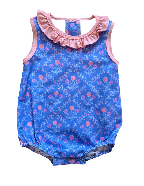 presale SR3172 Baby Girls Sleeveless Hot Blue Floral Plaid Ruffle Rompers D 6.12