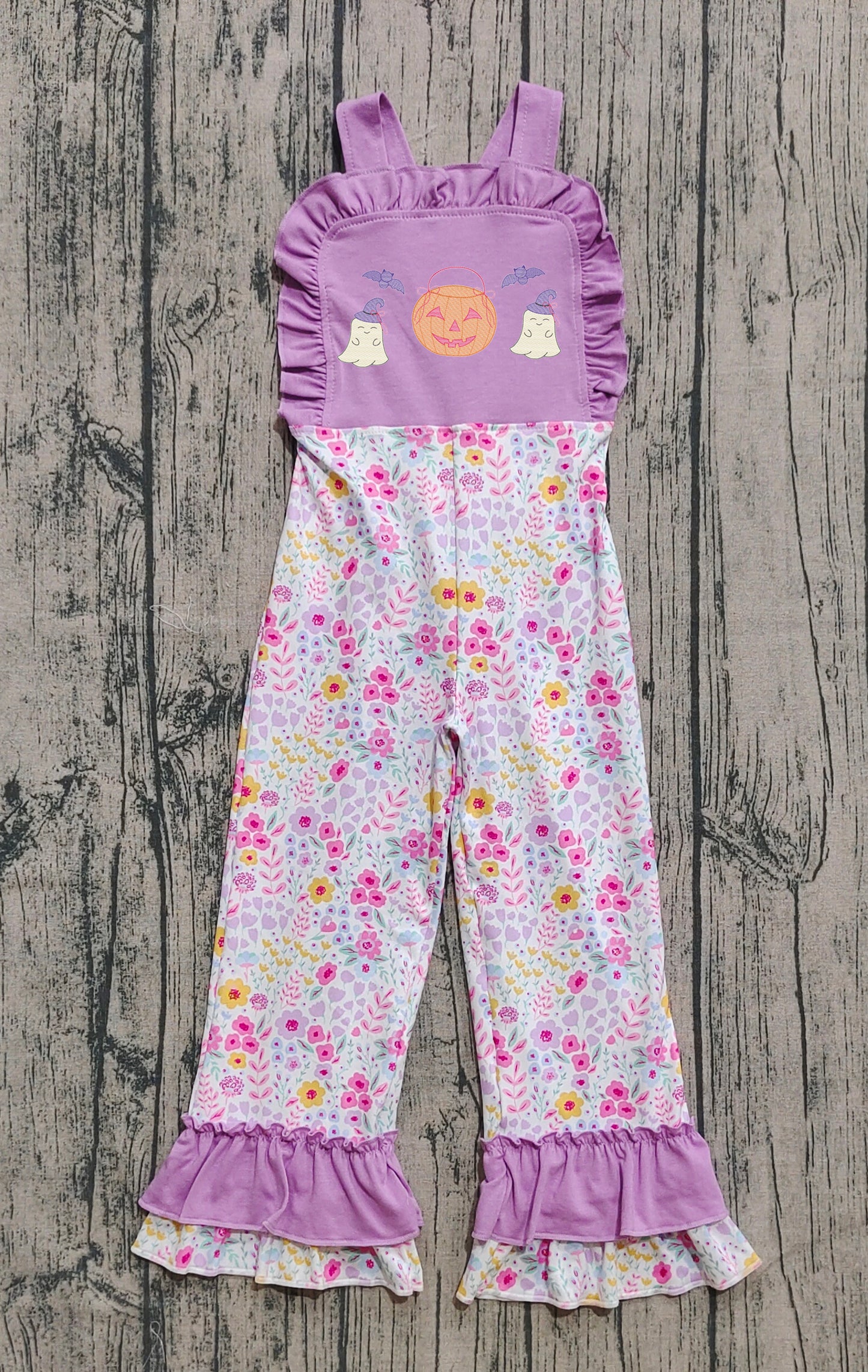 SR3177  Baby Girls Lavender Strap Ghost Pumpkins Floral Ruffle Pant Jumpsuits D 829