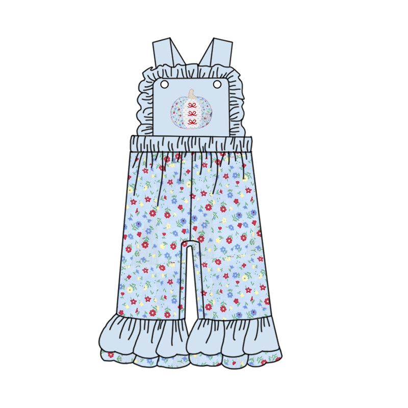 presale SR3182 Baby Girls Blue Strap Bows Floral Pumpkins Ruffle Pant Jumpsuits D 6.25