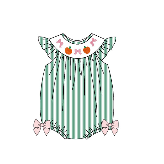 presale SR3183  Baby Girls Green Stripe Flutter Sleeves Bows Pumpkins Rompers D 7.3