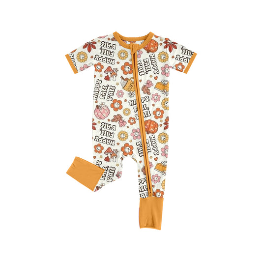 presale SR3184 Baby Girls Short Sleeves Happy Fall Pumpkins Flowers Zipper Rompers D 7.5