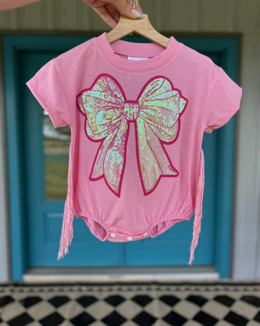 presale SR3187 Baby Girls Pink Short Sleeves Sequin Bow Tassel Ruffle Rompers D 7.11