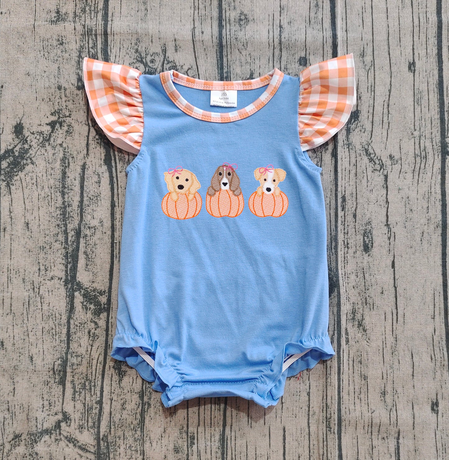 SR3191  Embroidery Dogs Pumpkins Baby Girls Flutter Sleeves Fall Rompers   D 909