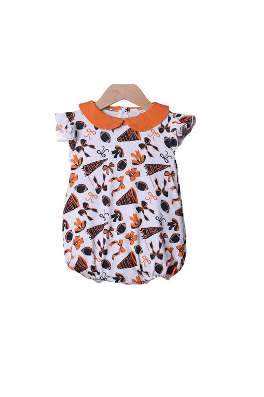 presale SR3195 Baby Girls Flutter Sleeves Orange Cheer Bows Plaid Team Ruffle Rompers D 7.19