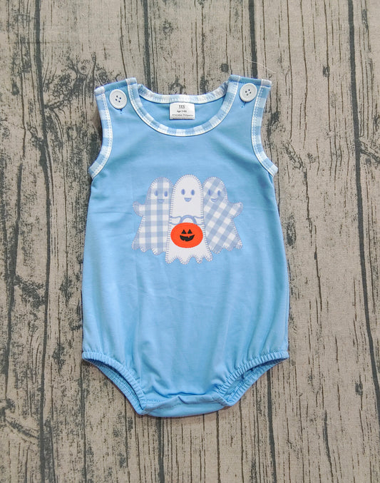 presale SR3197  Baby Boys Blue Ghost Pumpkins Halloween Ruffle Rompers  D 7.21