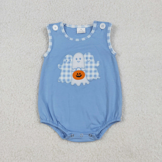 SR3197  Baby Boys Blue Ghost Pumpkins Halloween Ruffle Rompers  D 909