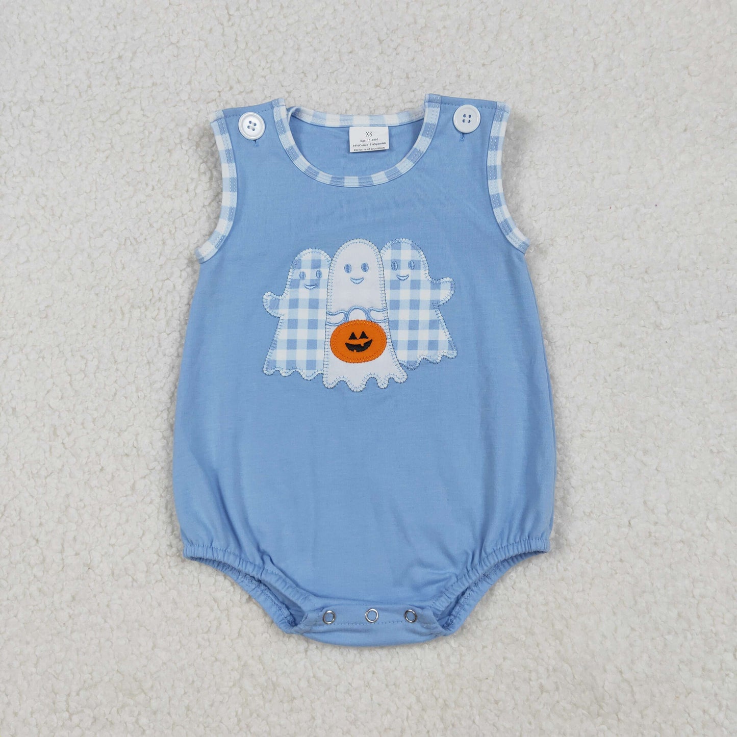 SR3197  Baby Boys Blue Ghost Pumpkins Halloween Ruffle Rompers  D 909