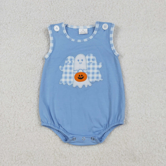 SR3197  Baby Boys Blue Ghost Pumpkins Halloween Ruffle Rompers  D 909