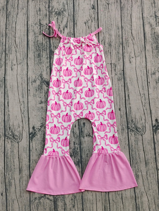 presale SR3200  Baby Girls Pink Strap Bows Pumpkins Plaid Bell Bottom Fall Jumpsuits  D 8.5