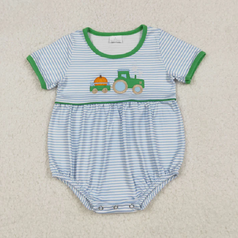 Sibling Baby Boys Blue Stripe Embroidery Pumpkin Truck Top Short Fall Clothes Sets Rompers  D 926