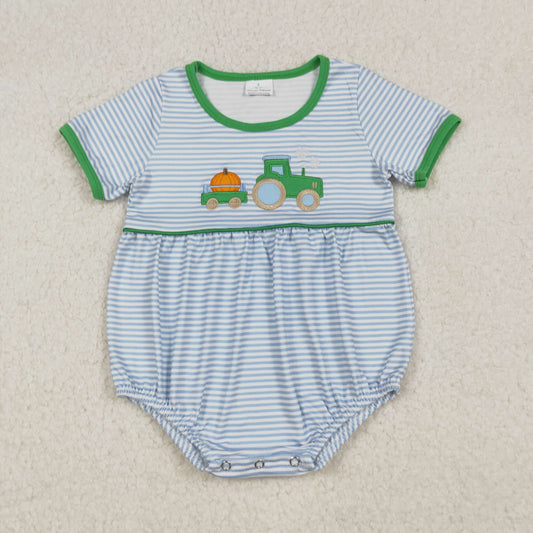 SR3201 Embroidery Baby Boys Blue Stripe Pumpkins Truck Fall Rompers D 926