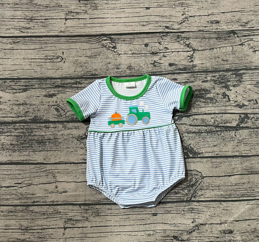presale SR3201 Baby Boys Blue Stripe Pumpkins Truck Fall Rompers  D 8.5