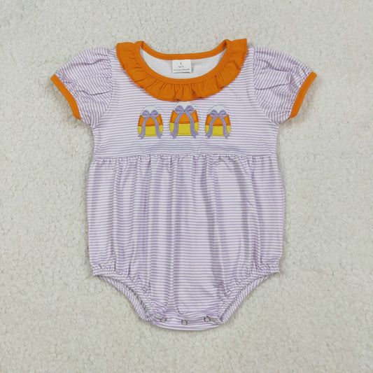 SR3202  Embroidery Baby Girls Lavender Stripe Bows Candy Halloween Rompers D 925