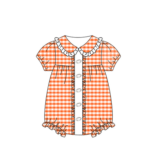 presale SR3206 Baby Girls Orange Plaid Footballs Team Ruffle Rompers D 8.9