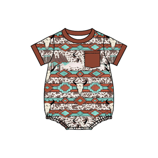 presale SR3212 Baby Boys Brown Pocket Bull Skulls Aztec Western Rompers D 916