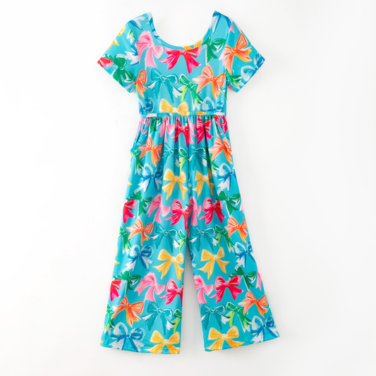 presale SR3213 Baby Girls Short Sleeve Colorful Bows Pockets Pant Jumpsuits  D 916