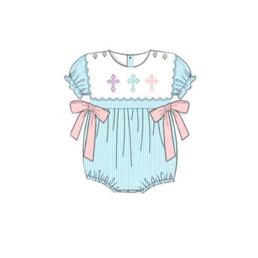 presale SR3214 Baby Girls Short Ruffle Sleeve Cross Bows Easter Rompers  D 916