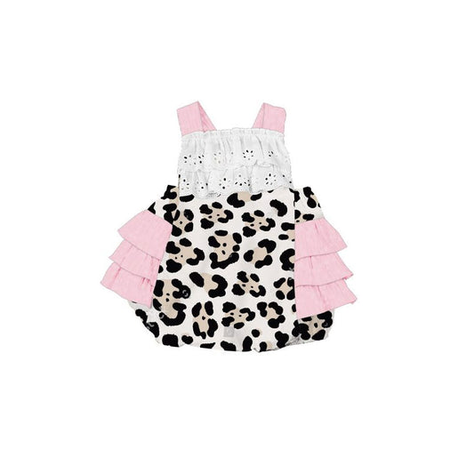 presale SR3216 Baby Girls Strap Leopard Bobble Easter Ruffle Rompers  D 916