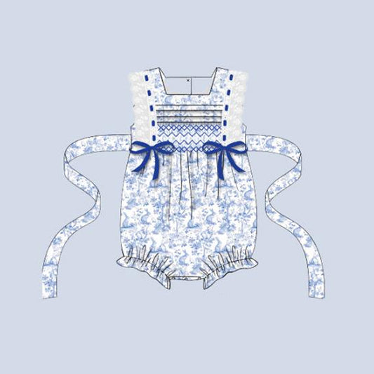 presale SR3219 Baby Girls Lace Sleeveless Blue Rabbits Floral Easter Rompers With Belt D 916