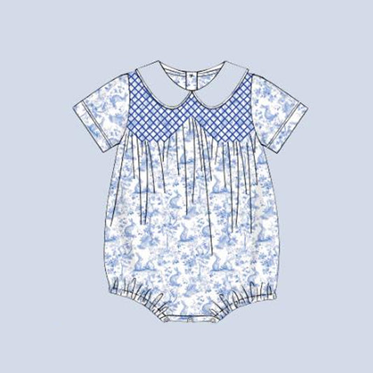 presale SR3220 Baby Boys Short Sleeve Blue Rabbits Floral Easter Rompers  D 916