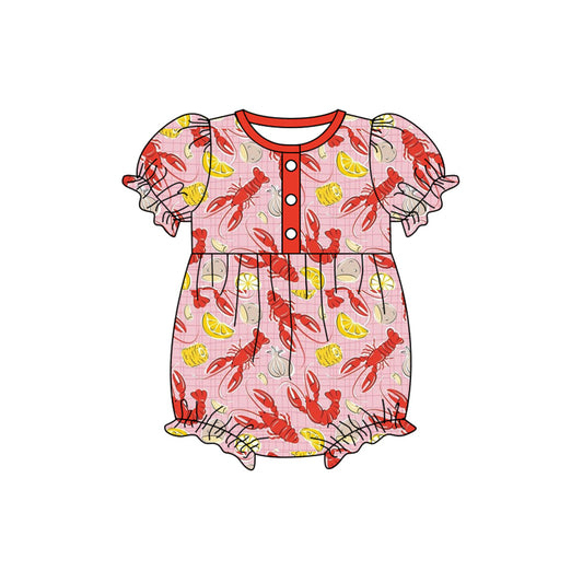 presale SR3223 Baby Girls Short Sleeve Button Crayfishes Mardigras Ruffle Rompers D 917