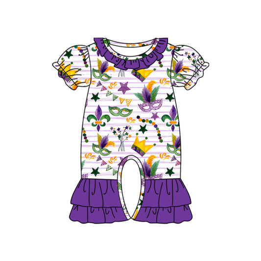 presale SR3224  Baby Girls Purple Stripe Anchors Masks Mardigras Ruffle Footie Rompers D 917