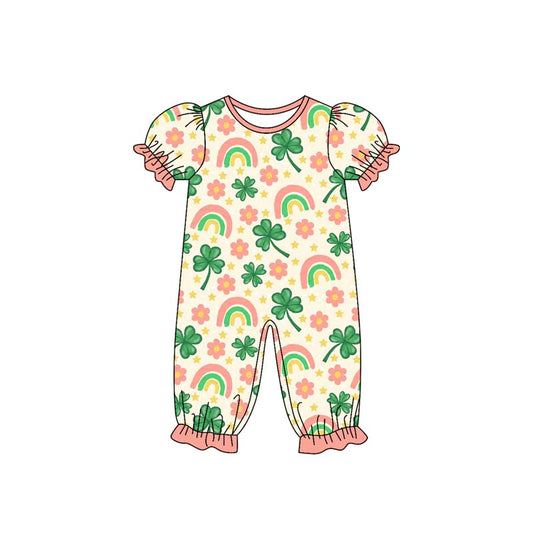 presale SR3225  Baby Girls Clovers Flowers St Patrick Ruffle Footie Rompers D 918